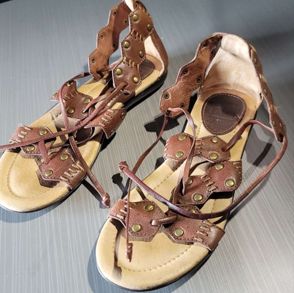 Frye Laney Lace Brown Leather Tie-Up Sandals Women's 7B EUC